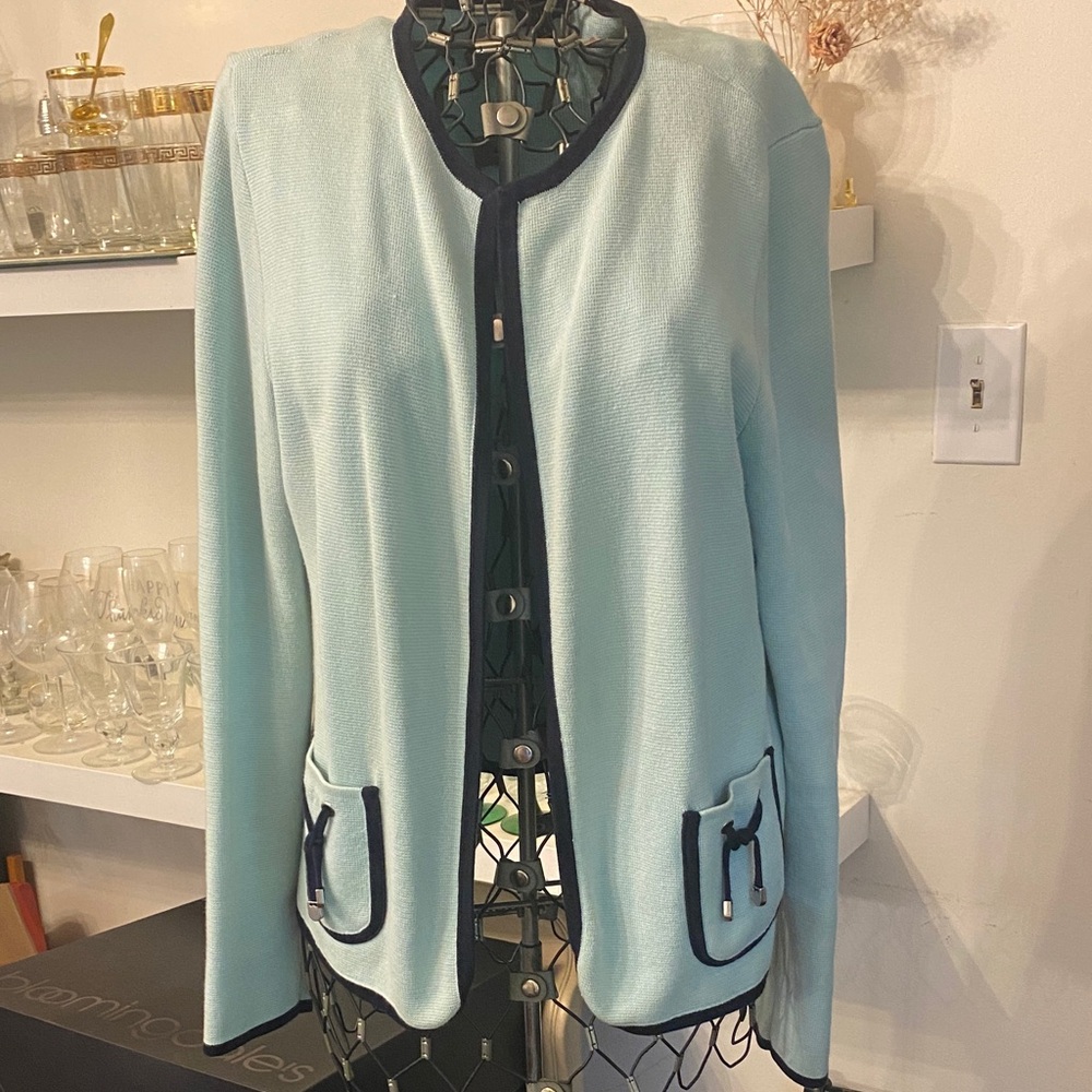 Talbots Light Blue Open-Front Jacket with Navy Trim